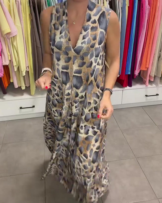 Kleid Leopard Ärmellos V-Ausschnitt Ausgestellt Lang