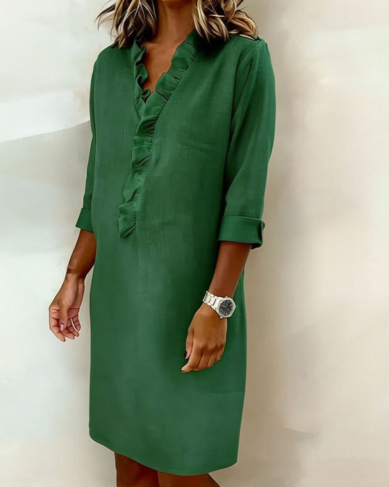 Kleid gerüscht V-Ausschnitt einfarbig