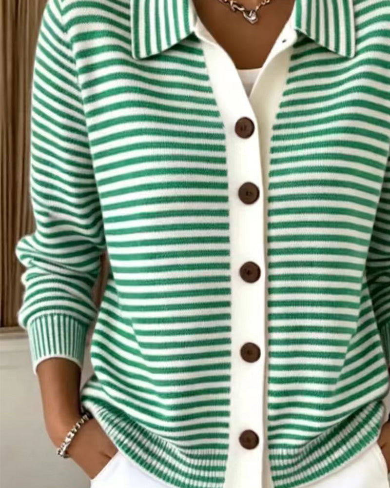 Cardigan Revers Knopf Gestreift