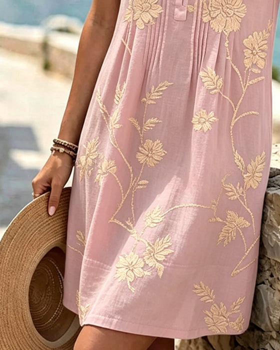 Kleid Rundhals Ärmellos Knopf Plissiert Druck