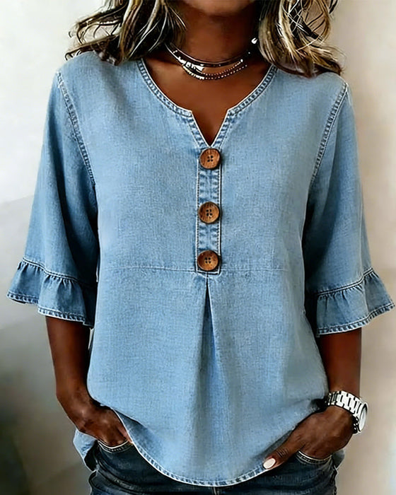 Bluse V-Ausschnitt Ausgestellter Ärmel Denim