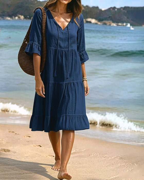 Kleid Ausgestellt Halbarm Bindegürtel