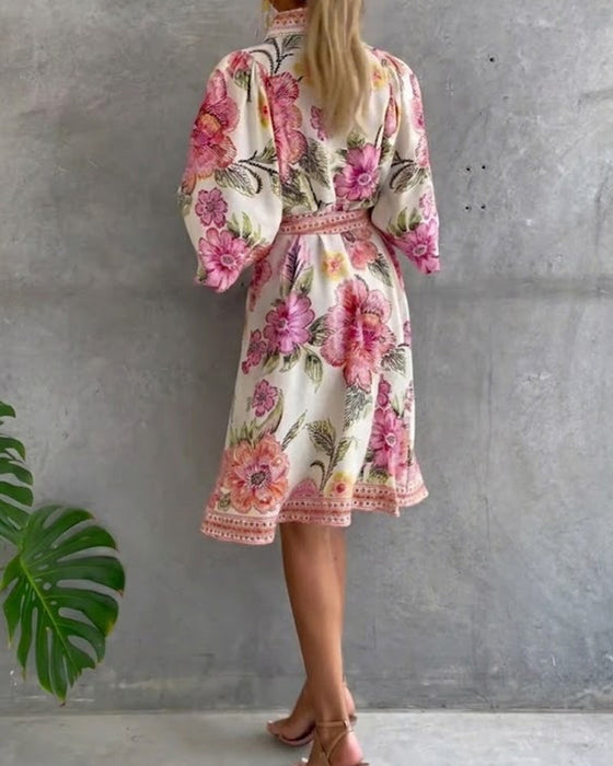 Lampenärmel Kleid mit Reverskragen und Print