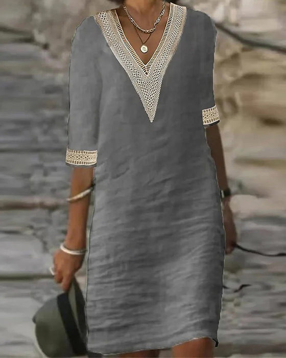 Kleid Dreiviertel Ärmel V-Ausschnitt Spitze Patchwork