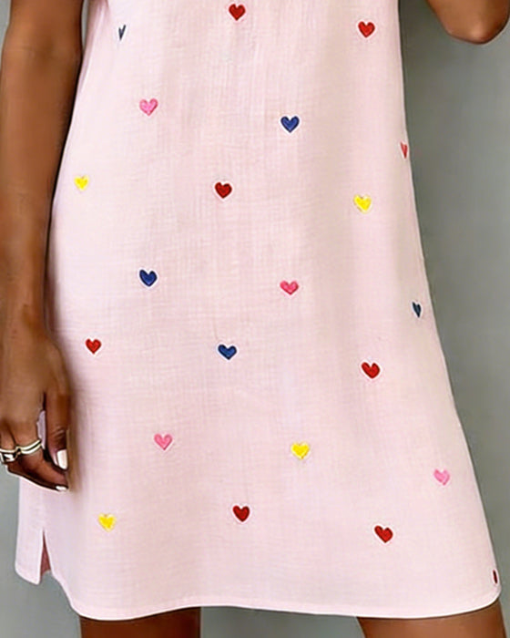 Buntes Herz-Print-Kleid Mit V-Ausschnitt