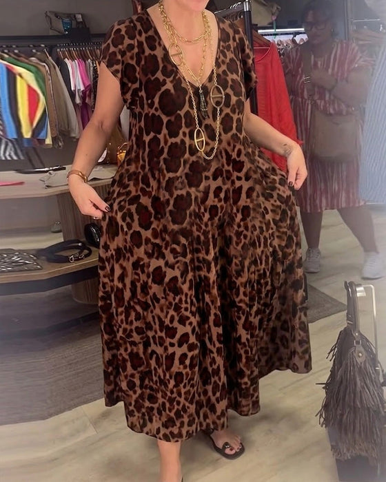 Kleid V-Ausschnitt Leopard Kurzarm