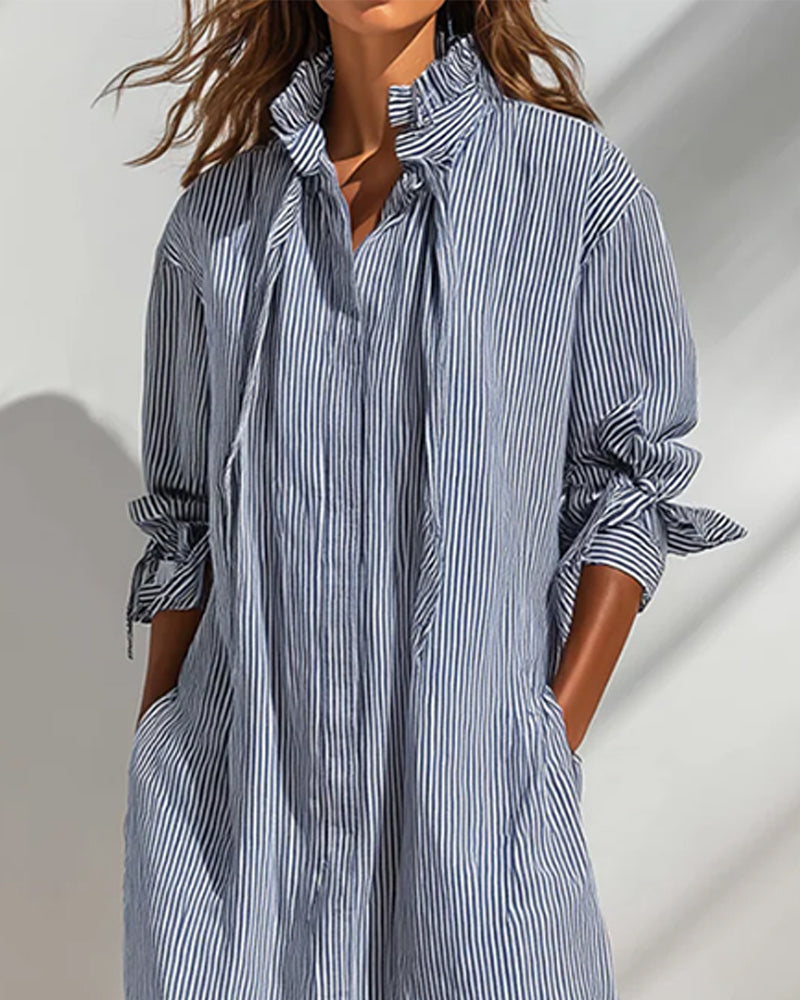 Kleid Lässig Stehkragen Gestreift Schlitz