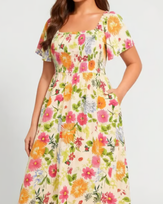 Kleid Quadratischer Ausschnitt Große Blume Midi