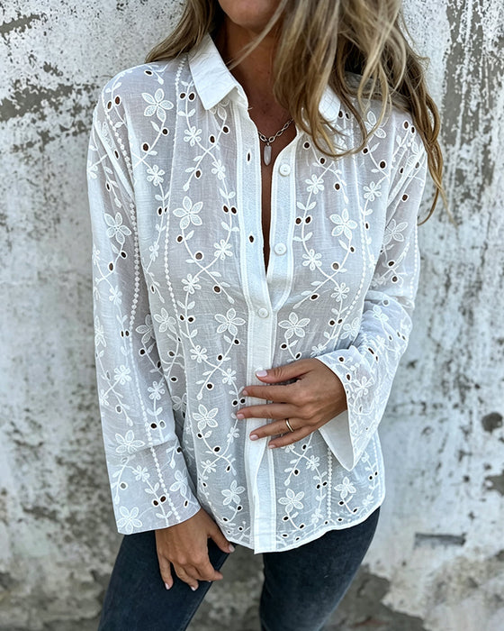 Bluse Floral Hohl-Ausgeschnitten Langarm