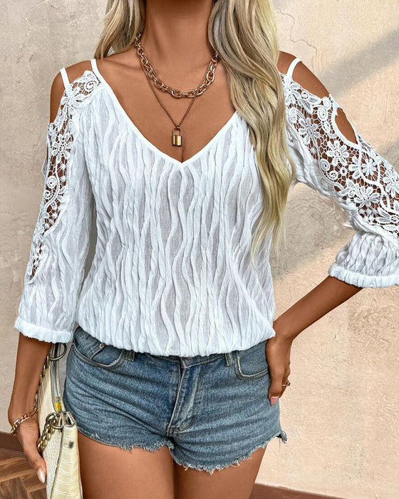 Bluse Spitze Off-Shoulder Gerafft Strukturiert