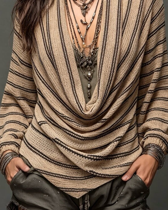 Pullover Gestreift Drapierter Hals Langarm
