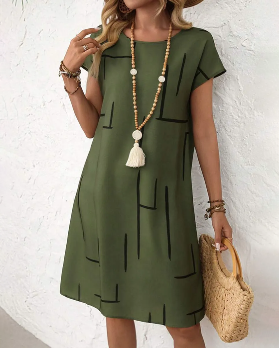 Kleid Damen Sommer Lässig Druck Rundhals