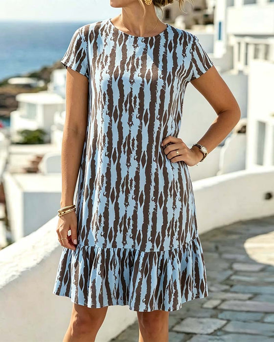 Kleid Rundhals Bedruckt Kurzarm A-Linie