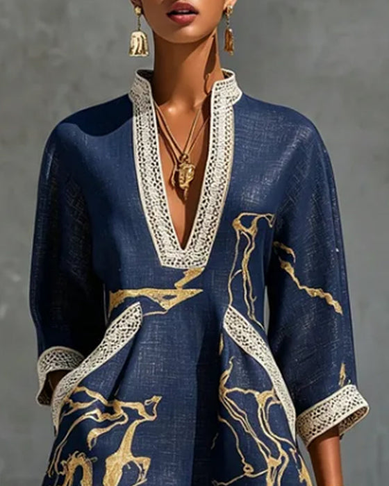 Kleid Stehkragen Halbärmel Hohl