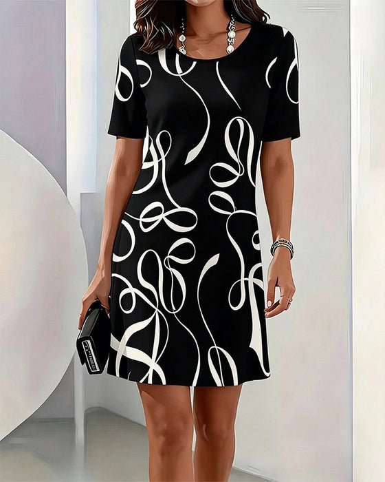 Kleid Linien Druck Rundhalsausschnitt