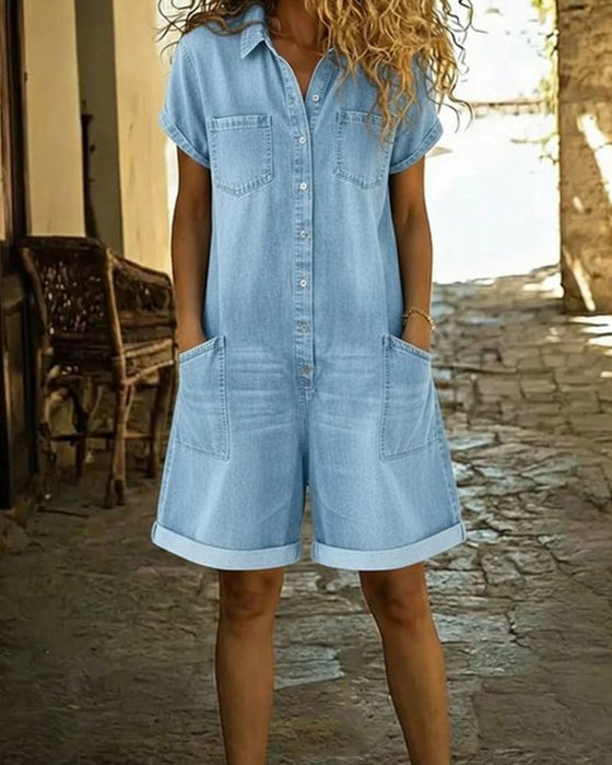 Jumpsuits aus Denim mit kurzen Ärmeln