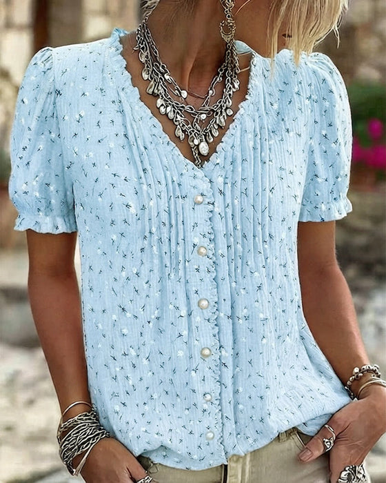 Bluse Puffärmel Blumenprint Kurzarm