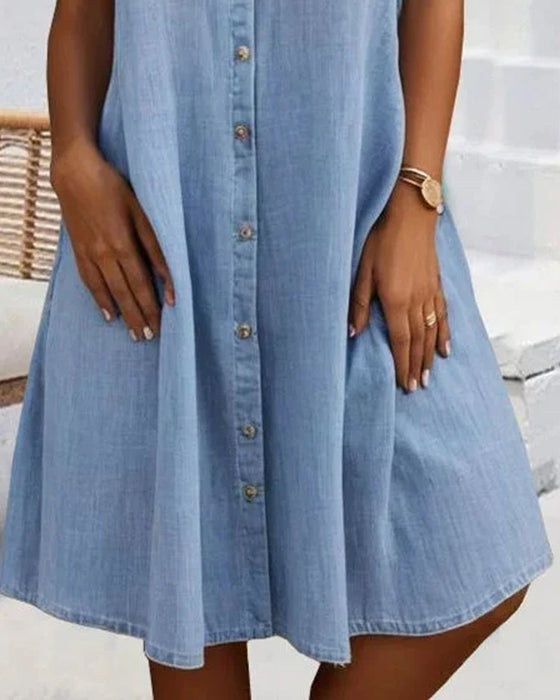 Kleid Kurzarm Kragen Einfarbig Knopf