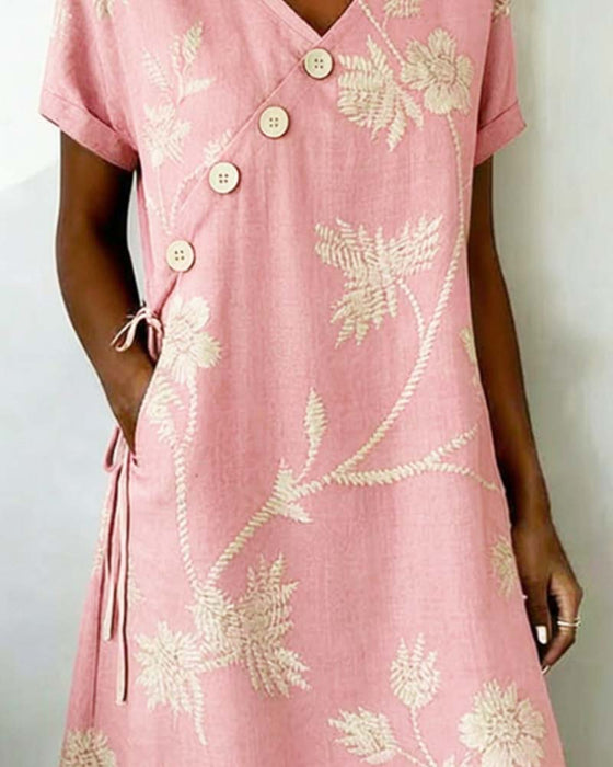 Kleid Diagonal Knopf Druck V-Ausschnitt Mini