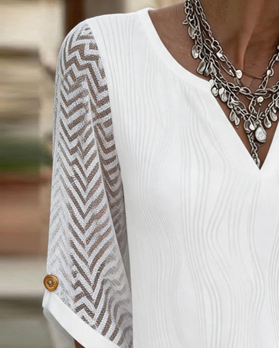 Bluse V-Neck Spitze Panel Solid Linie