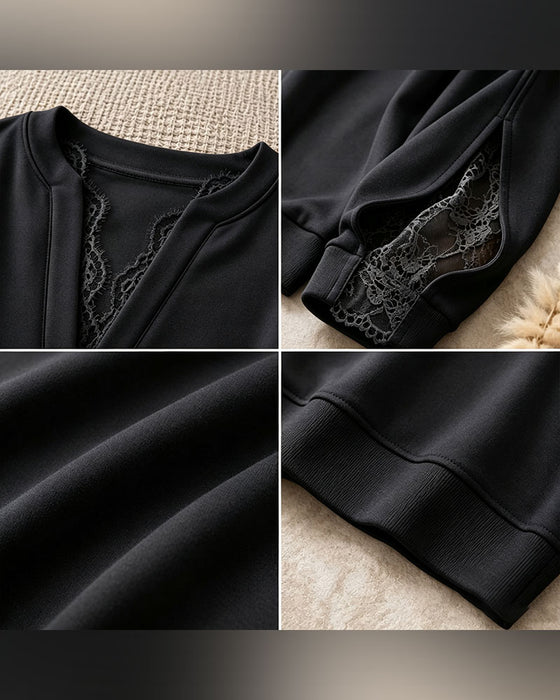 Sweatshirt V-Ausschnitt Schlitz Spitze Patchwork