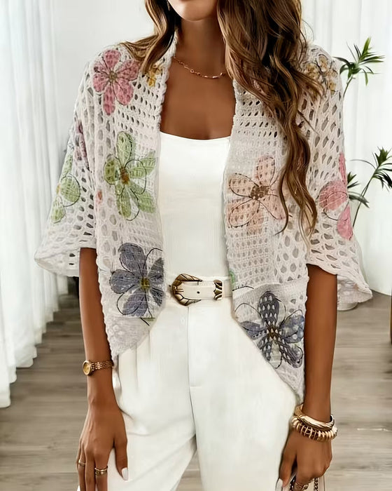 Cardigan Ausgeschnitten Blumenprint Gestrickt