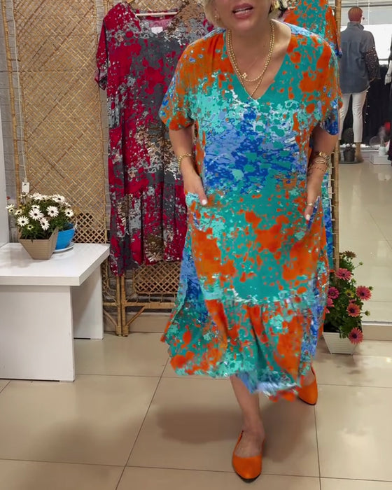 Kleid V-Ausschnitt Farbverlauf Mehrfarbiger Druck