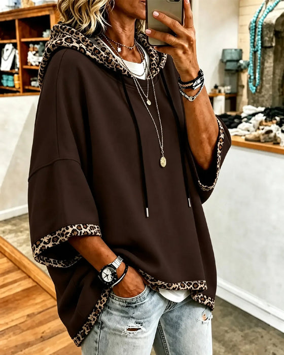 Hoodie Leopardenprint Patchwork Mit Kapuze 3/4 Ärmel