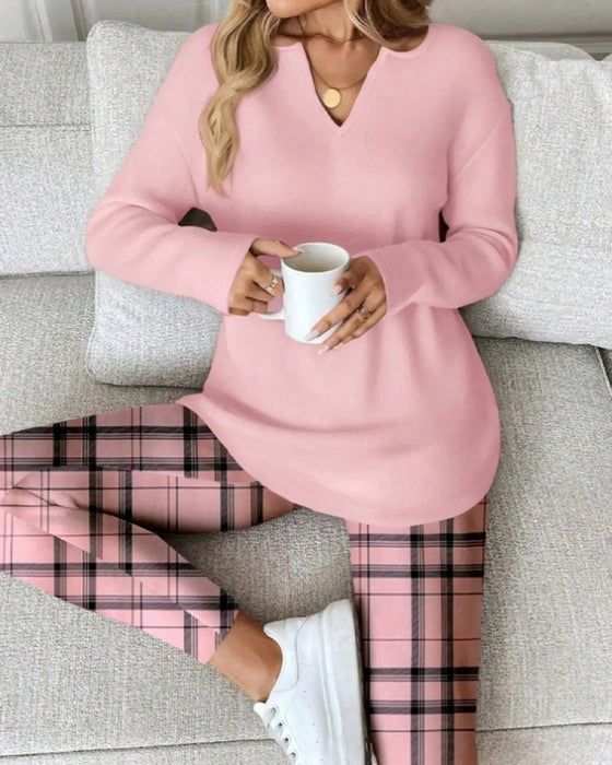 Set V-Ausschnitt Einfarbig Oberteil + Karo Hose Loungewear