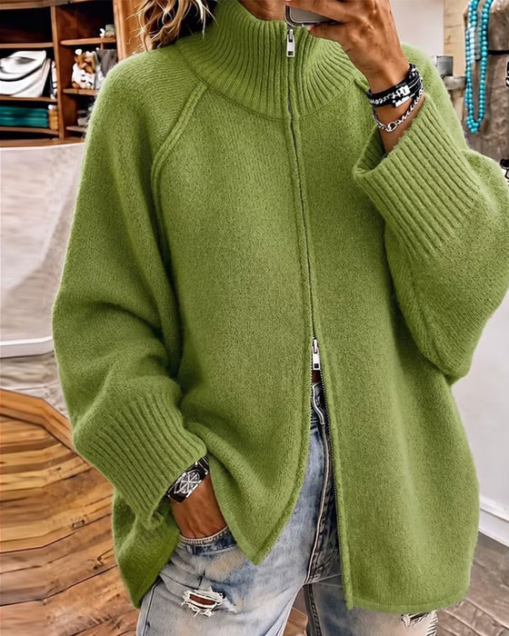 Strickjacke Stehkragen Reißverschluss Einfarbig