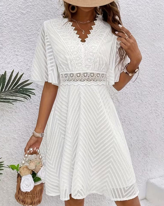Kleid V-Ausschnitt Spitze Patchwork Ausschnitt