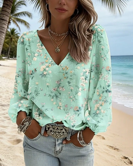 Bluse Floral V-Ausschnitt Puffärmel