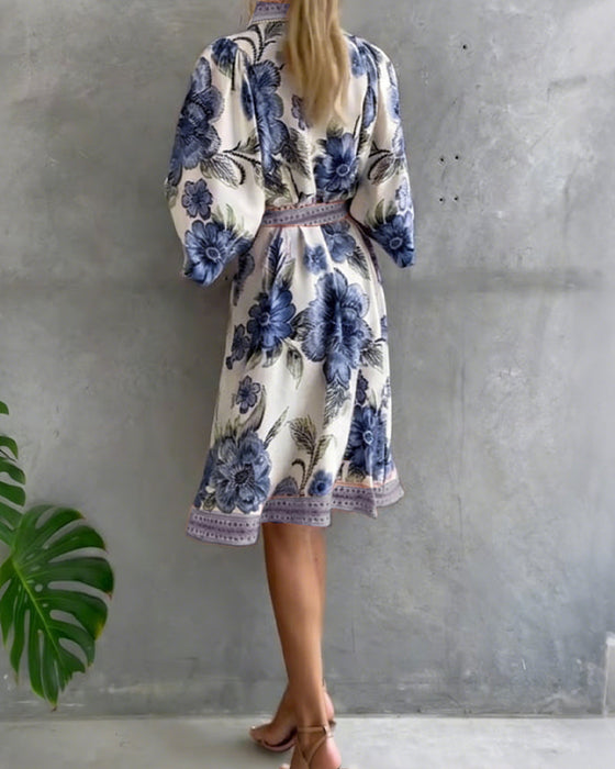 Lampenärmel Kleid mit Reverskragen und Print
