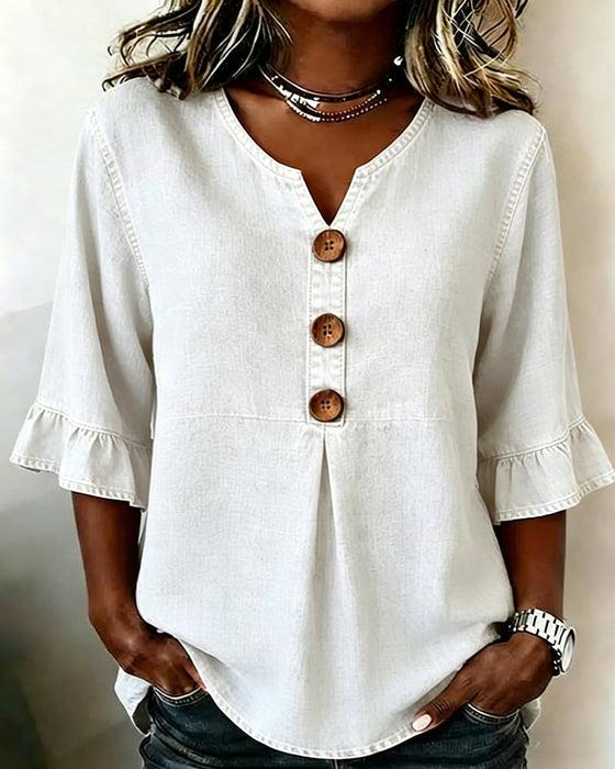 Bluse V-Ausschnitt Ausgestellter Ärmel Denim