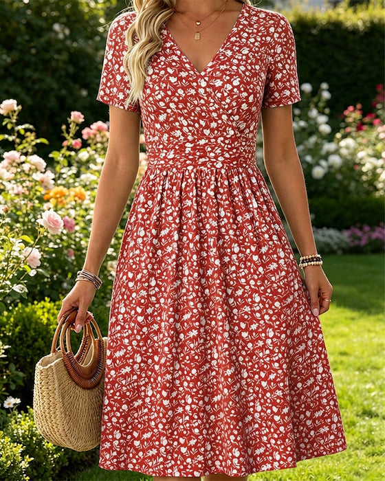 Kleid V-Ausschnitt Kurzarm Kleine Blumen