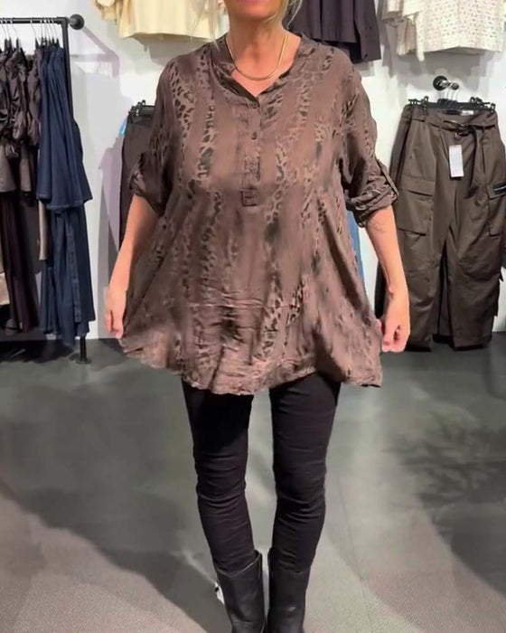 Bluse V-Ausschnitt Knopf Vorne Leopard Druck Locker