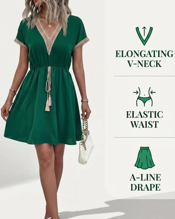 Kleid Frühling-Herbst V-Ausschnitt Spitzenbesatz Figurbetonte Taille