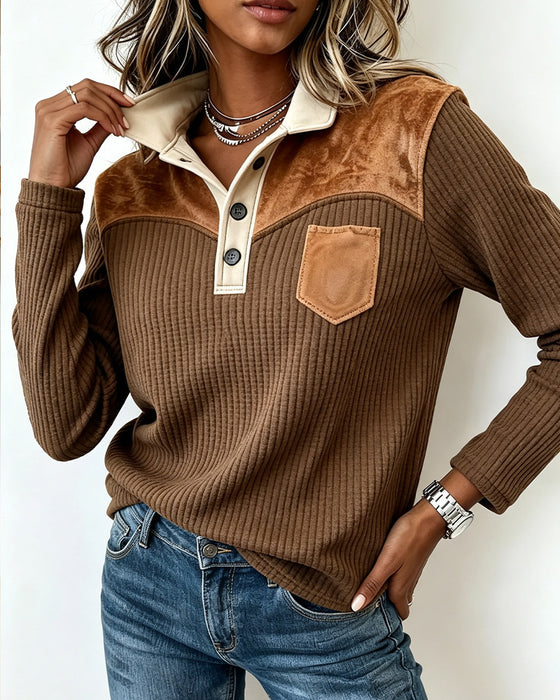 Sweatshirt Hemdkragen Waffel Patchwork