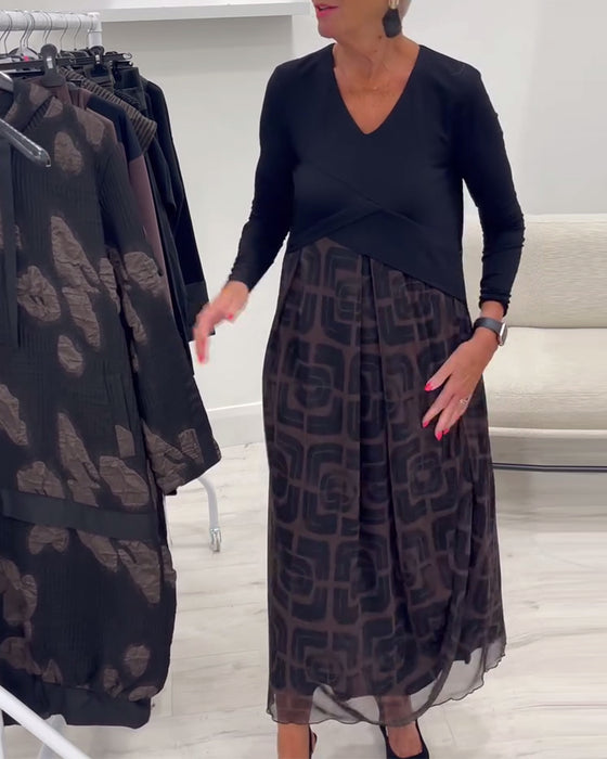 Kleid V-Ausschnitt Langärmlig Patchwork