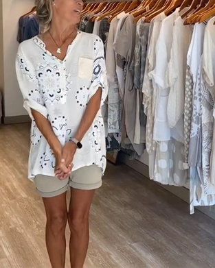 Bluse Vielseitig V-Ausschnitt Bedruckt Halbe Ärmel