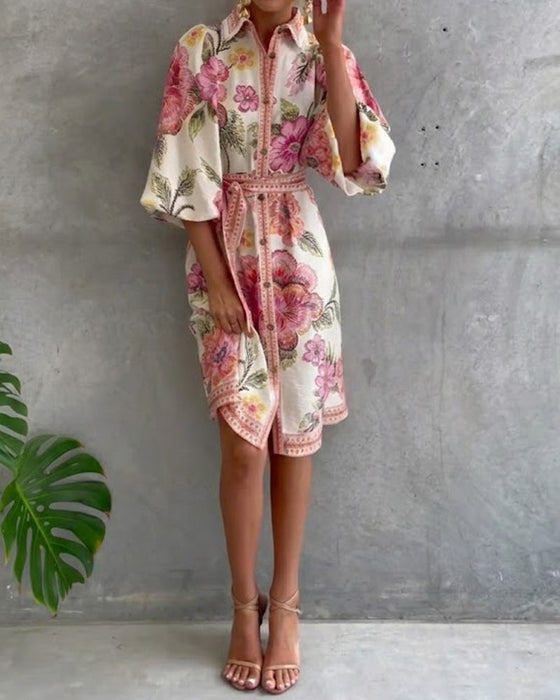 Lampenärmel Kleid mit Reverskragen und Print