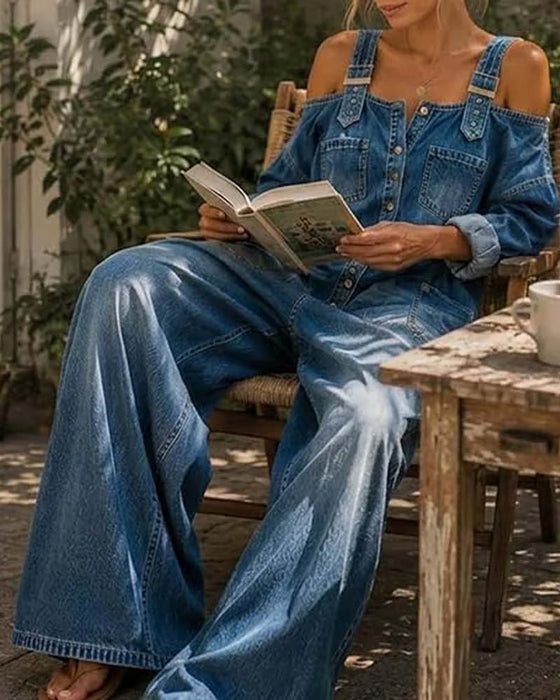 Jumpsuit Spaghettiträger Kalte Schulter Weites Bein Denim