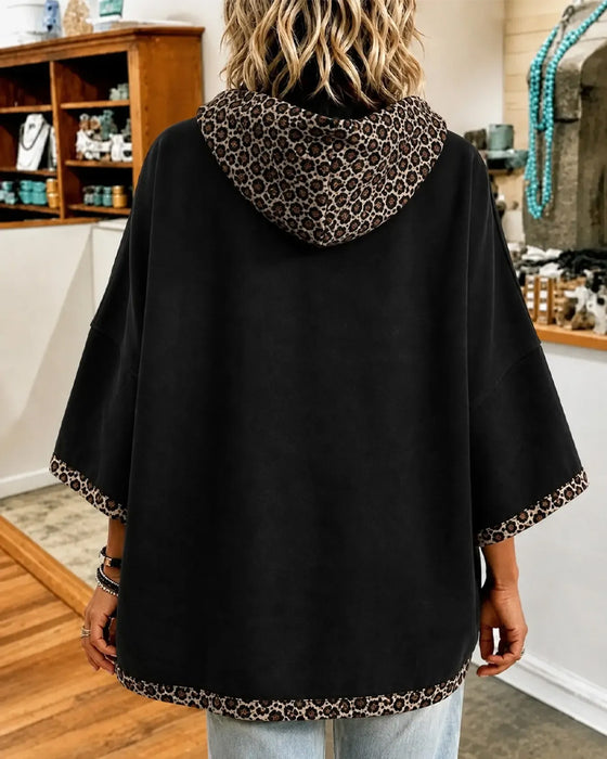 Hoodie Leopardenprint Patchwork Mit Kapuze 3/4 Ärmel