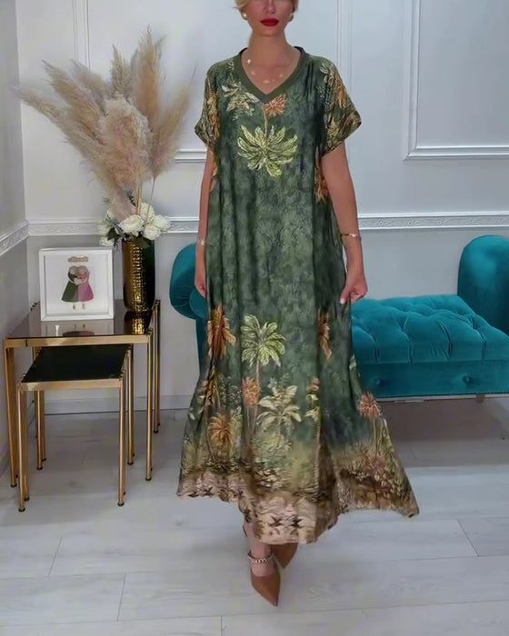 Kleid V-Ausschnitt Palmenbaum Druck Kurzarm Lang