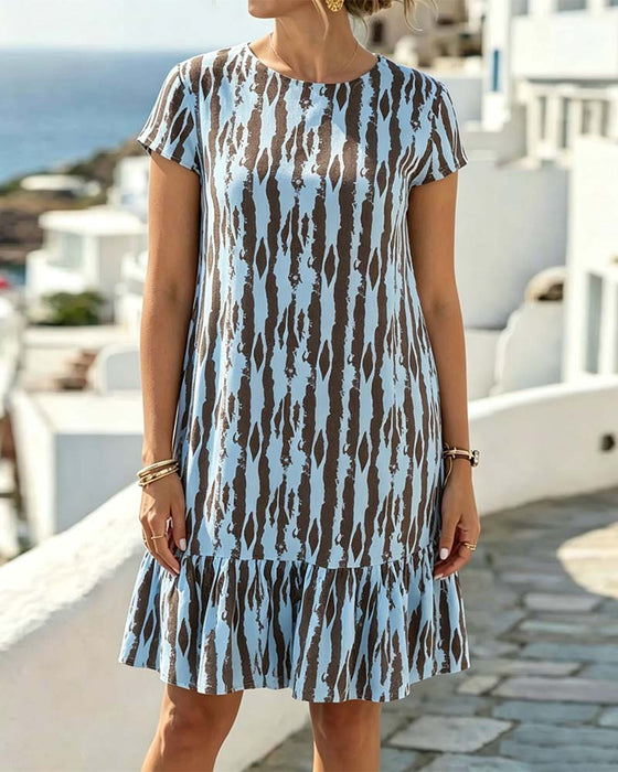Kleid Rundhals Bedruckt Kurzarm A-Linie