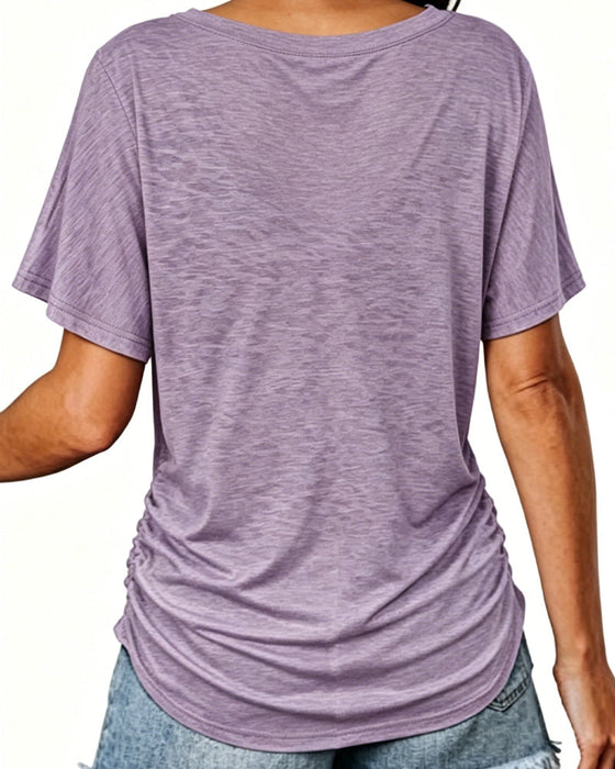 T-Shirt Plissiert Einfarbig V-Ausschnitt