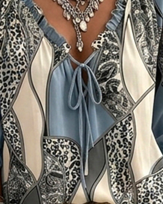 Bluse V-Ausschnitt Leopard Puffärmel Binden