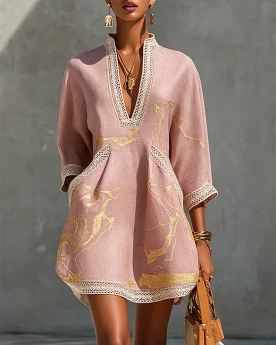 Kleid Stehkragen Halbärmel Hohl