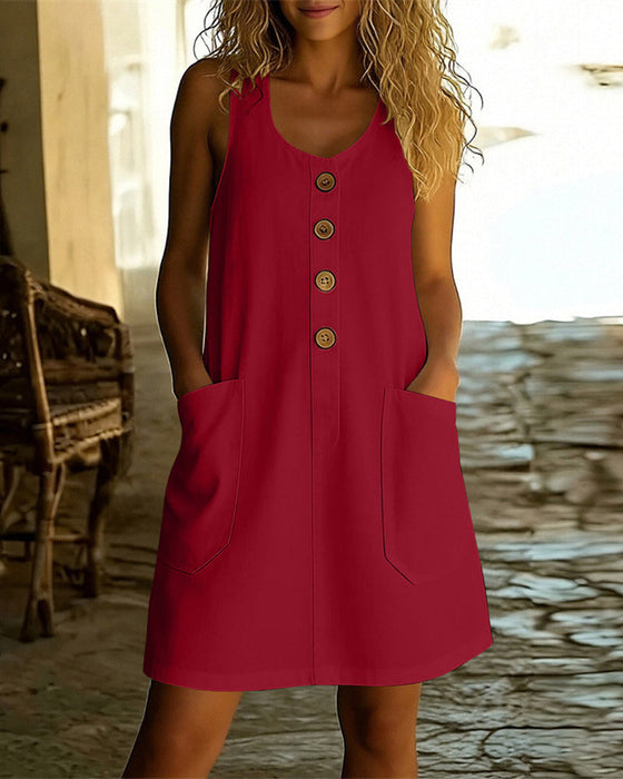 Kleid Uni Farbe U-Ausschnitt Knopf Vorne