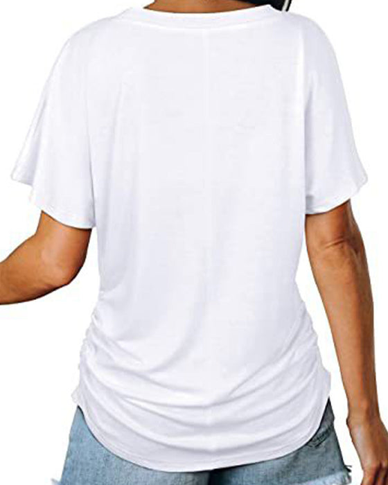 T-Shirt Plissiert Einfarbig V-Ausschnitt